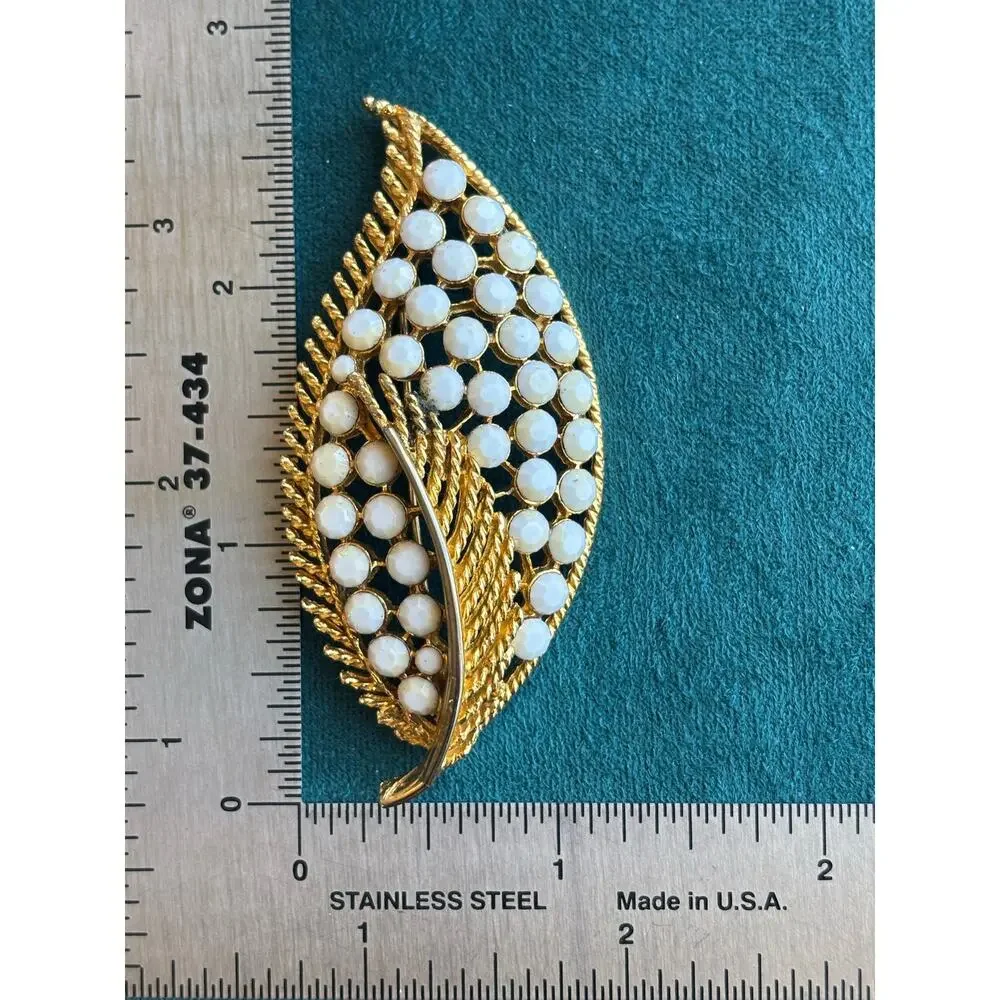 Vintage Leaf-Shaped Brooch Pin with Faux Pearls & Gold Tone Finish